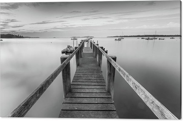 Boat Dock Large Canvas Print featuring the photograph Boat Dock at Sunrise Black and White Panorama by Dapixara