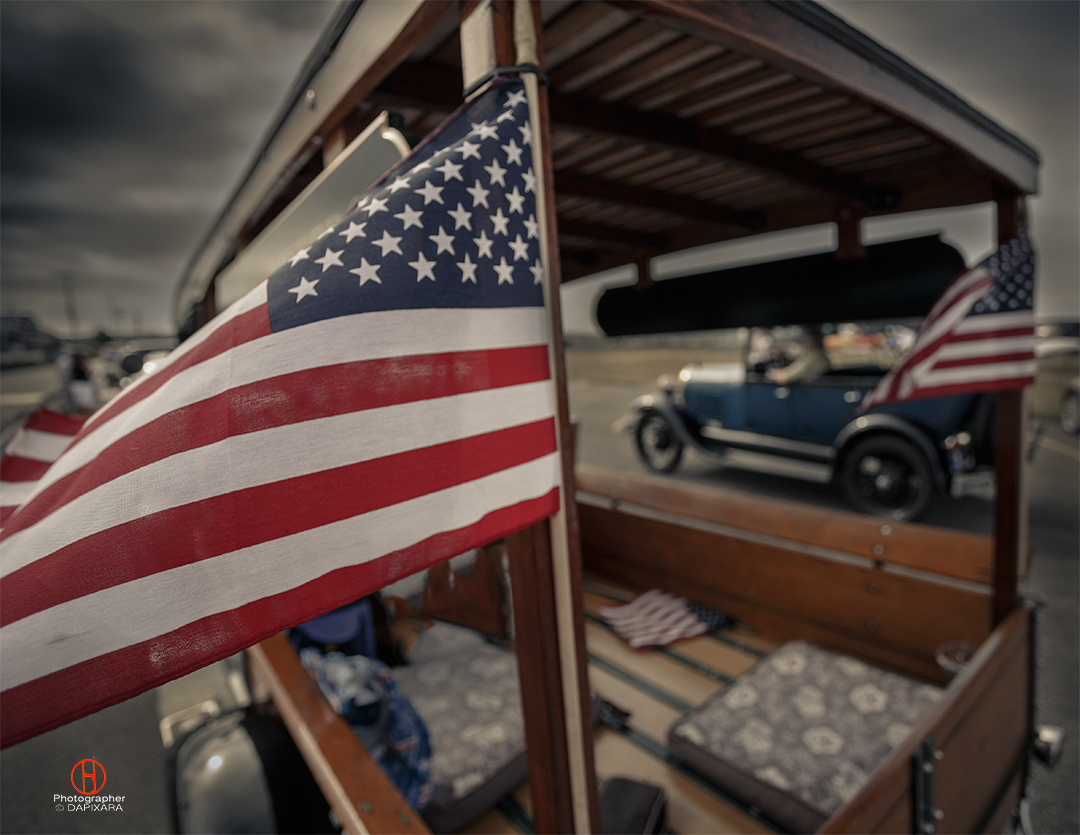 Classic Summer In Cape Cod. American flag and classic automobile in Wellfleet, Massachusetts. Dapixara photography © 2014.