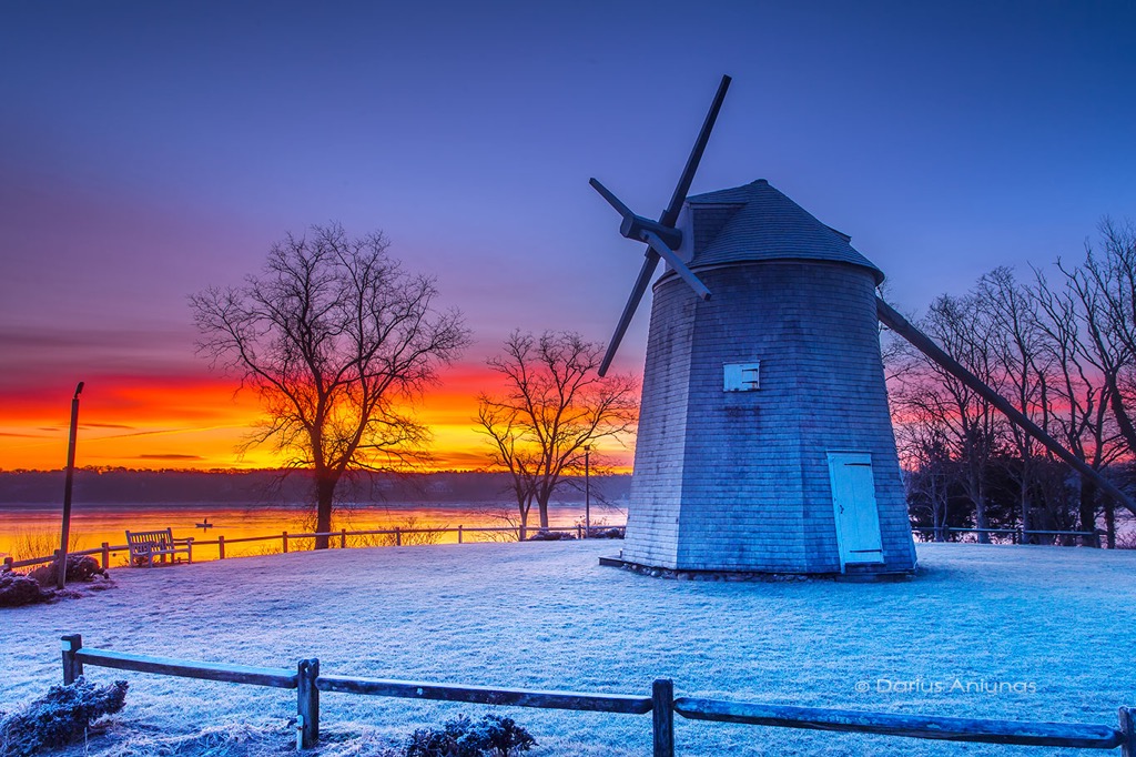 Hello Thursday! Today's stunning, frosty sunrise at Orleans MA windmill.  Windmill sunrise, Orleans, MA. 