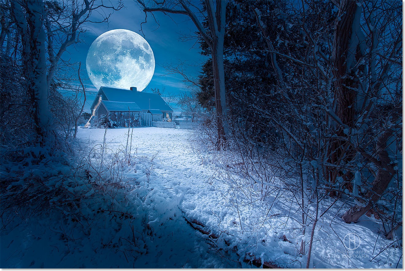 “Full Moon”.  Moon over Wellfleet house in Cape Cod. Dapixara artwork, © 2014 winter Cape Cod landscapes.
