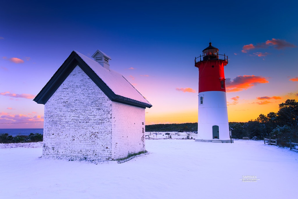 I absolutely love the first snow and what an amazing sunset today at Nauset Light. Cape Cod National Seashore photos by Dapixara https://dapixara.com