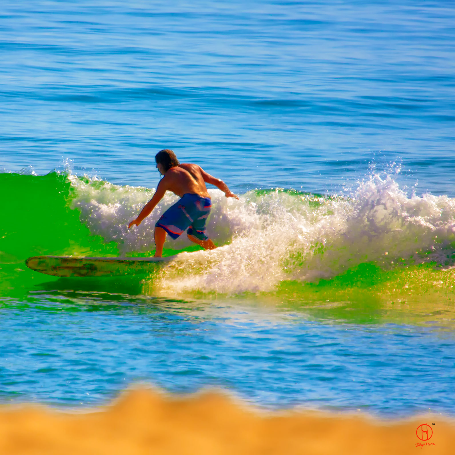 Nauset beach surfer. Surfing, large waves, surfboard. Dapixara Cape Cod art