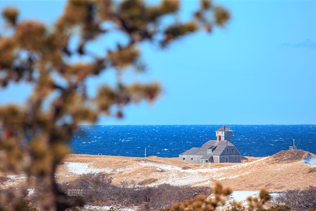 Provincetown Old Coast Guard Station. A beautiful view of the snow at sand dunes in Provincetown earlier today. Photo by Cape Cod artist Dapixara https://dapixara.com