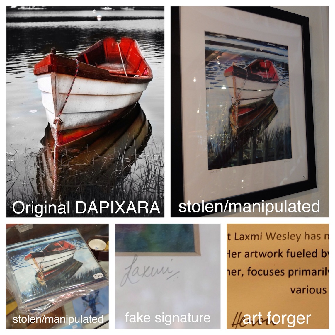 Stolen Dapixara Red Boat Artwork Found In Wellfleet Gallery. Artwork stolen by forger copycat Laxmi Wesley in Wellfleet, Massachusetts