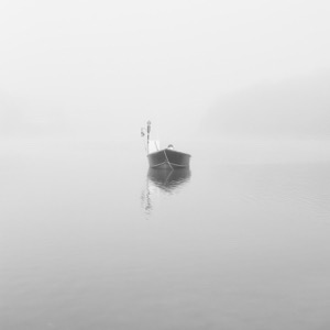 Framed photo print of Cape Cod boat in a fog. Black and white photo print for sale.