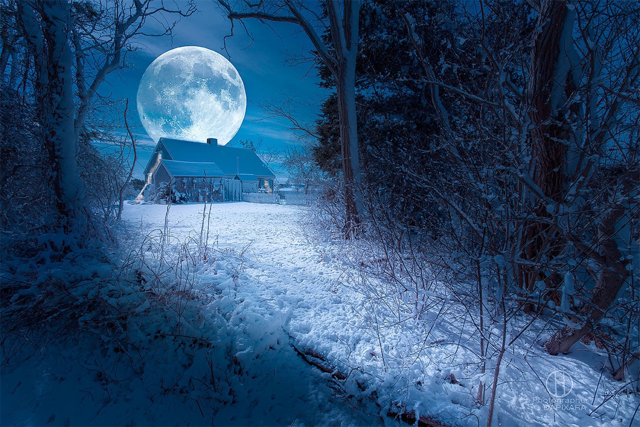 art prints for sale: Full Moon.  Moon over Wellfleet house in Cape Cod. Dapixara artwork, © 2014 winter Cape Cod landscapes.