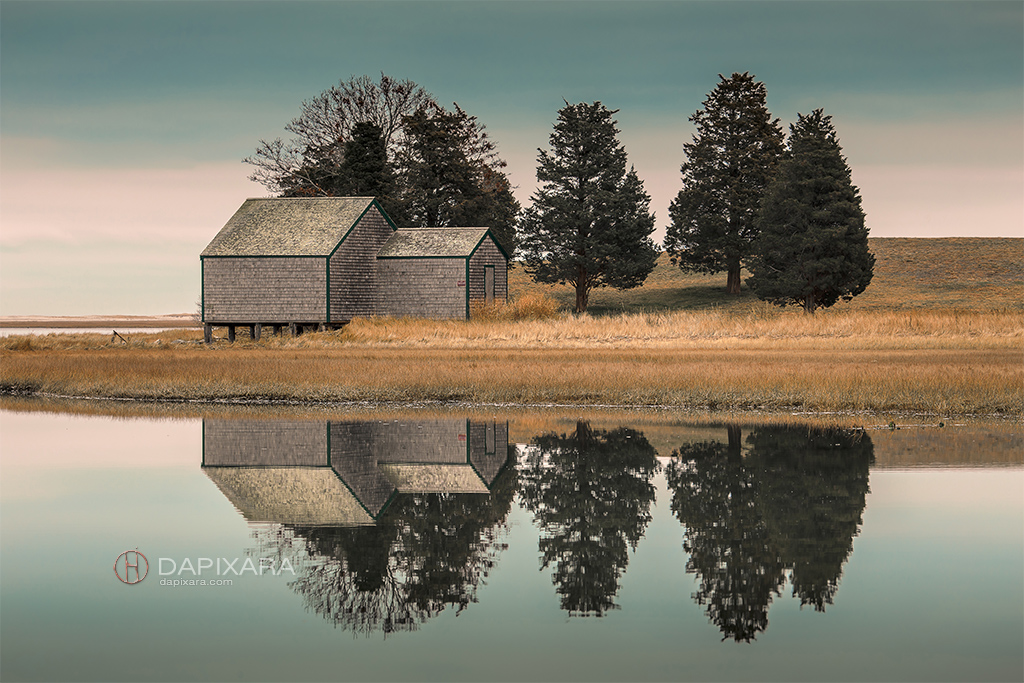 Cape Cod Boat House Reflections On Water Cape Cod Sunrise Fine Art Scene by Cape Cod Photographer Dapixara